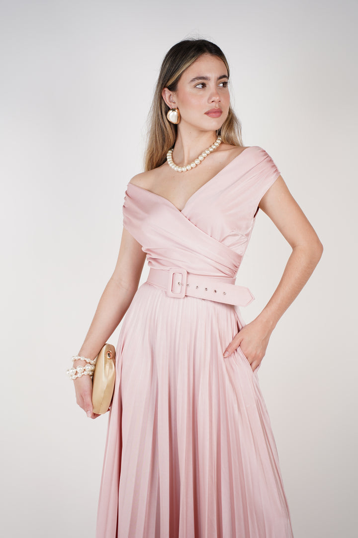 Vessia Maxi Dress – Blush Elegance with a Pleated Flow