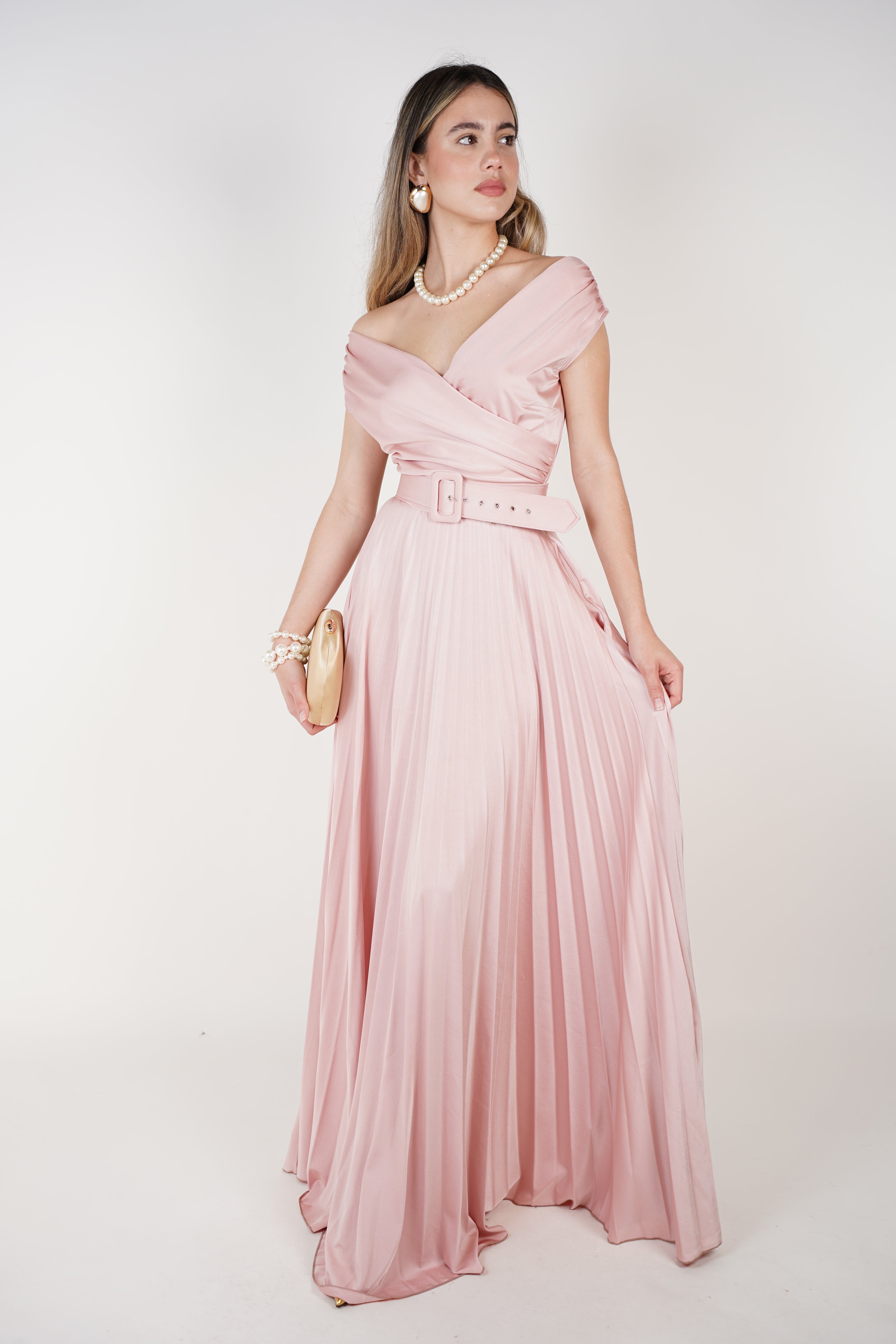 Vessia Maxi Dress – Blush Elegance with a Pleated Flow