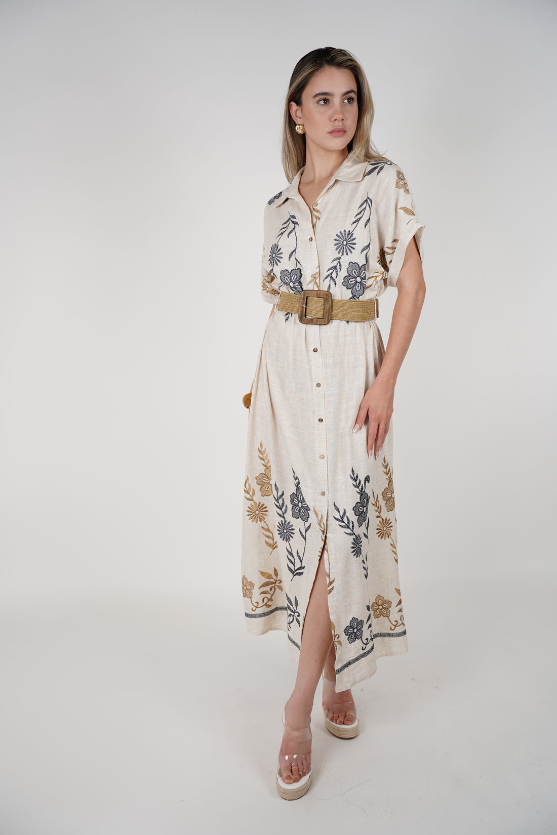 Aveny Belted Dress – Embroidered Button-Up Maxi in Natural Tones