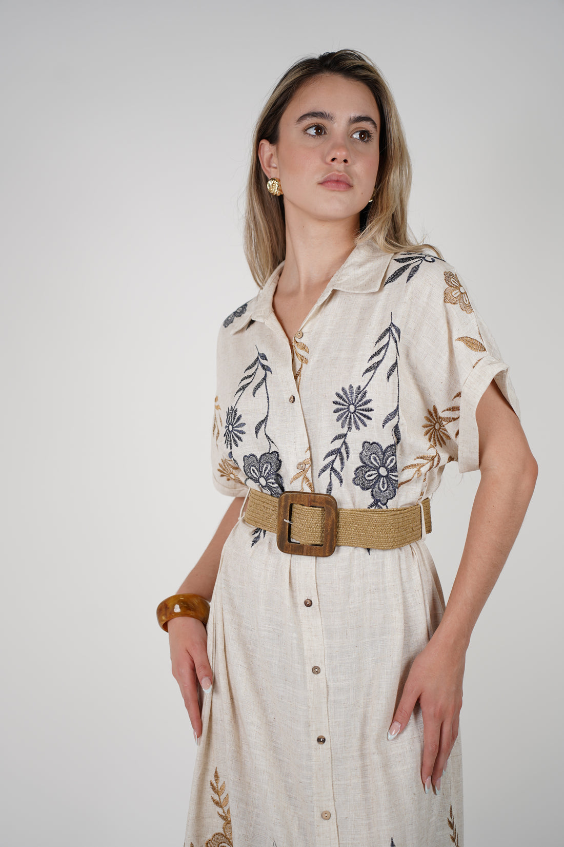 Aveny Belted Dress – Embroidered Button-Up Maxi in Natural Tones