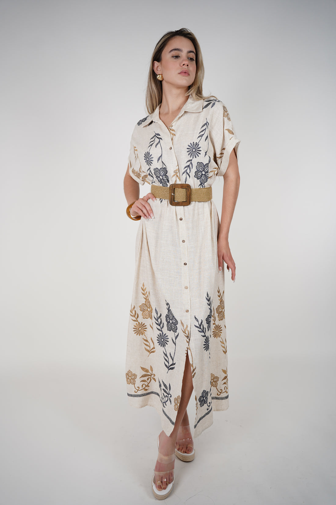 Aveny Belted Dress – Embroidered Button-Up Maxi in Natural Tones