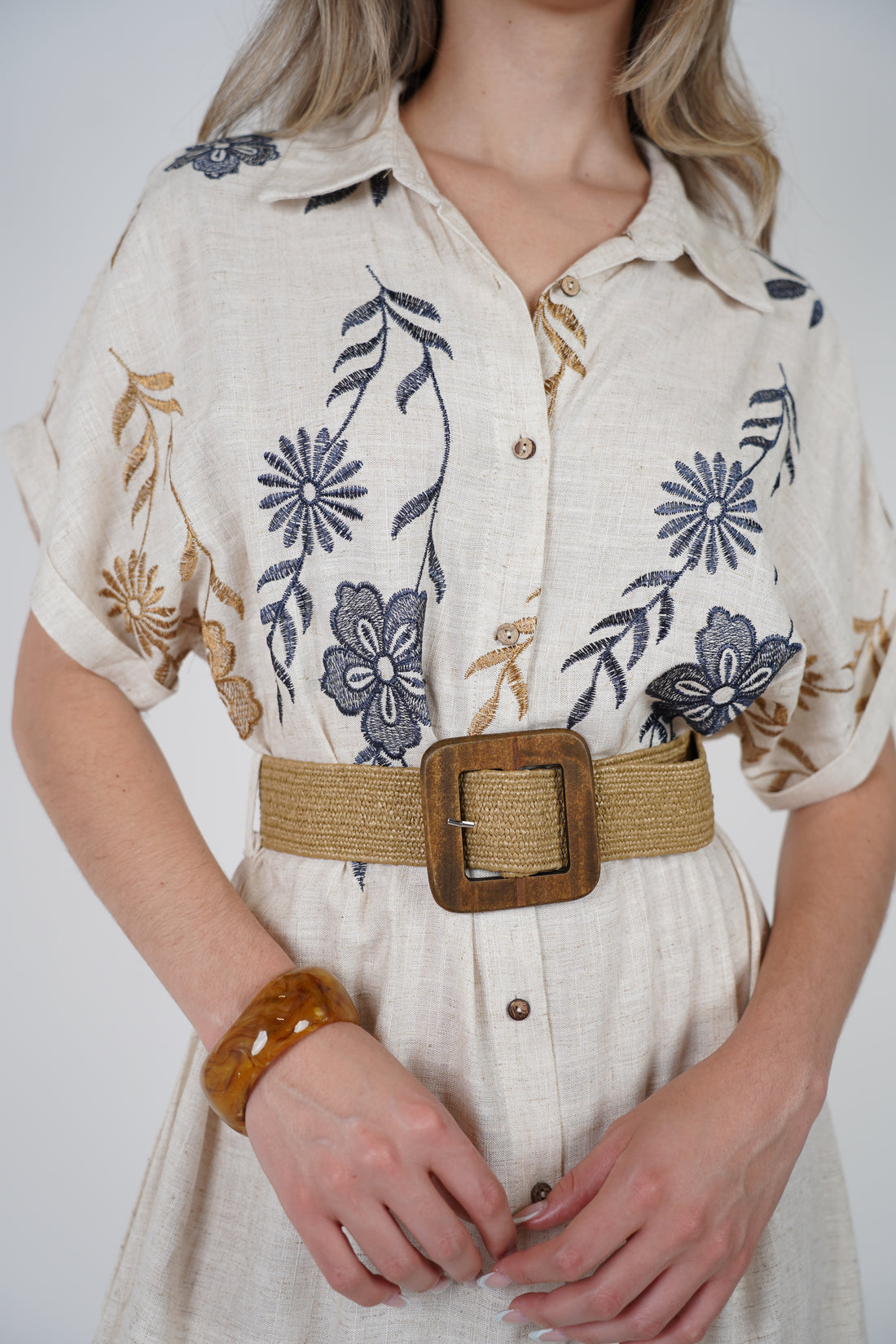 Aveny Belted Dress – Embroidered Button-Up Maxi in Natural Tones