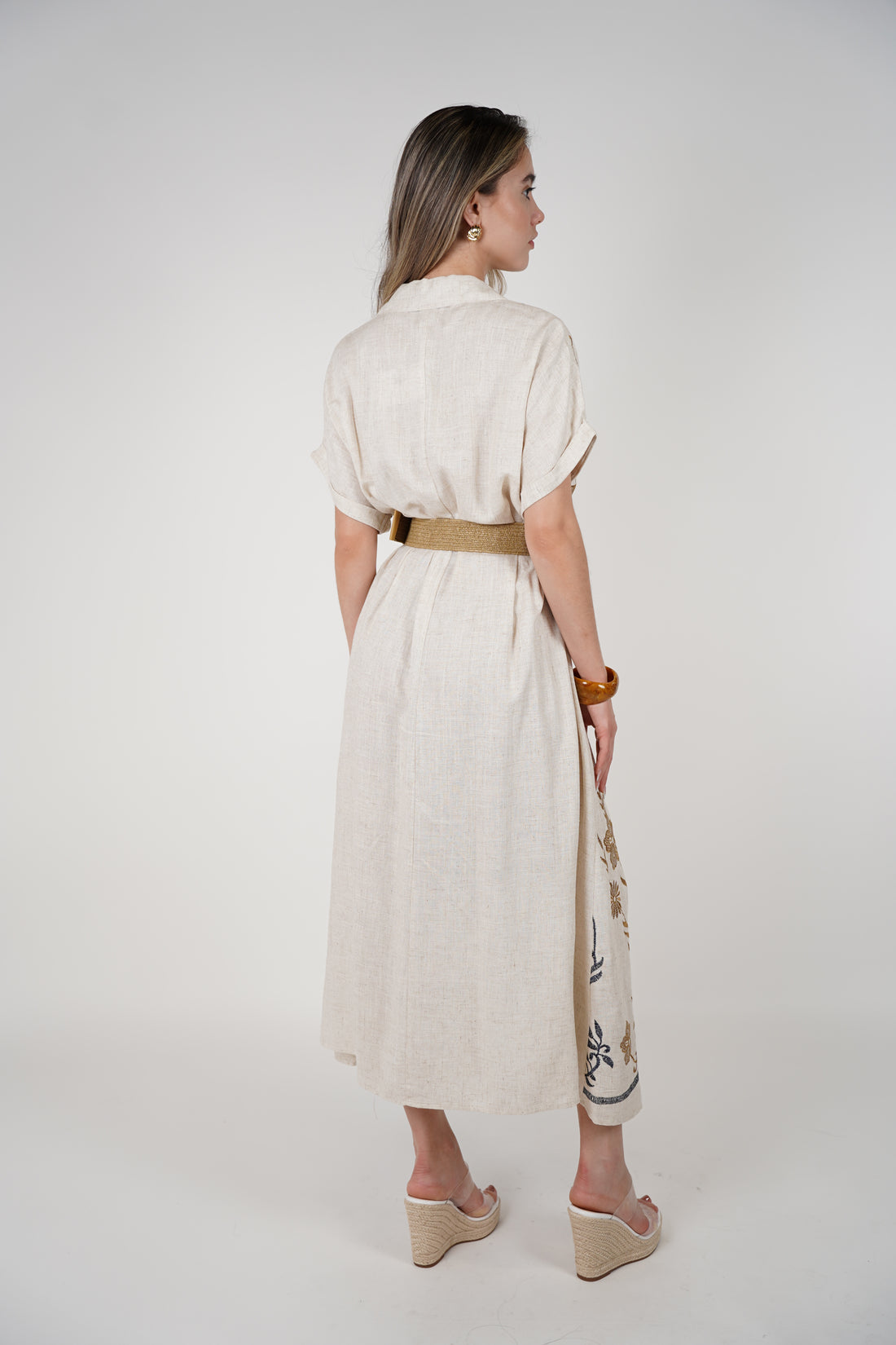 Aveny Belted Dress – Embroidered Button-Up Maxi in Natural Tones