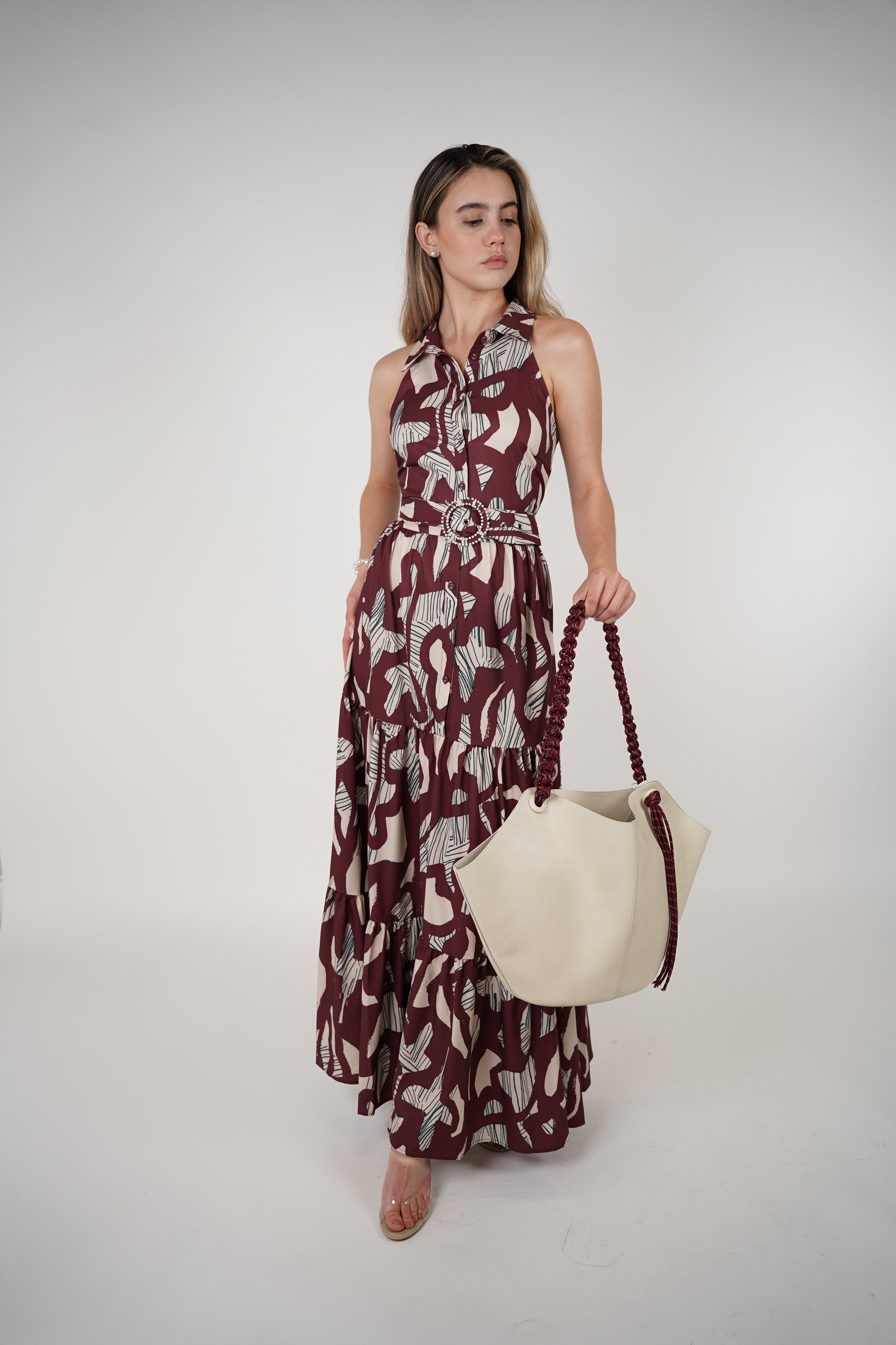 Yalen Maxi Dress – Printed Sleeveless Tiered Dress with Belt