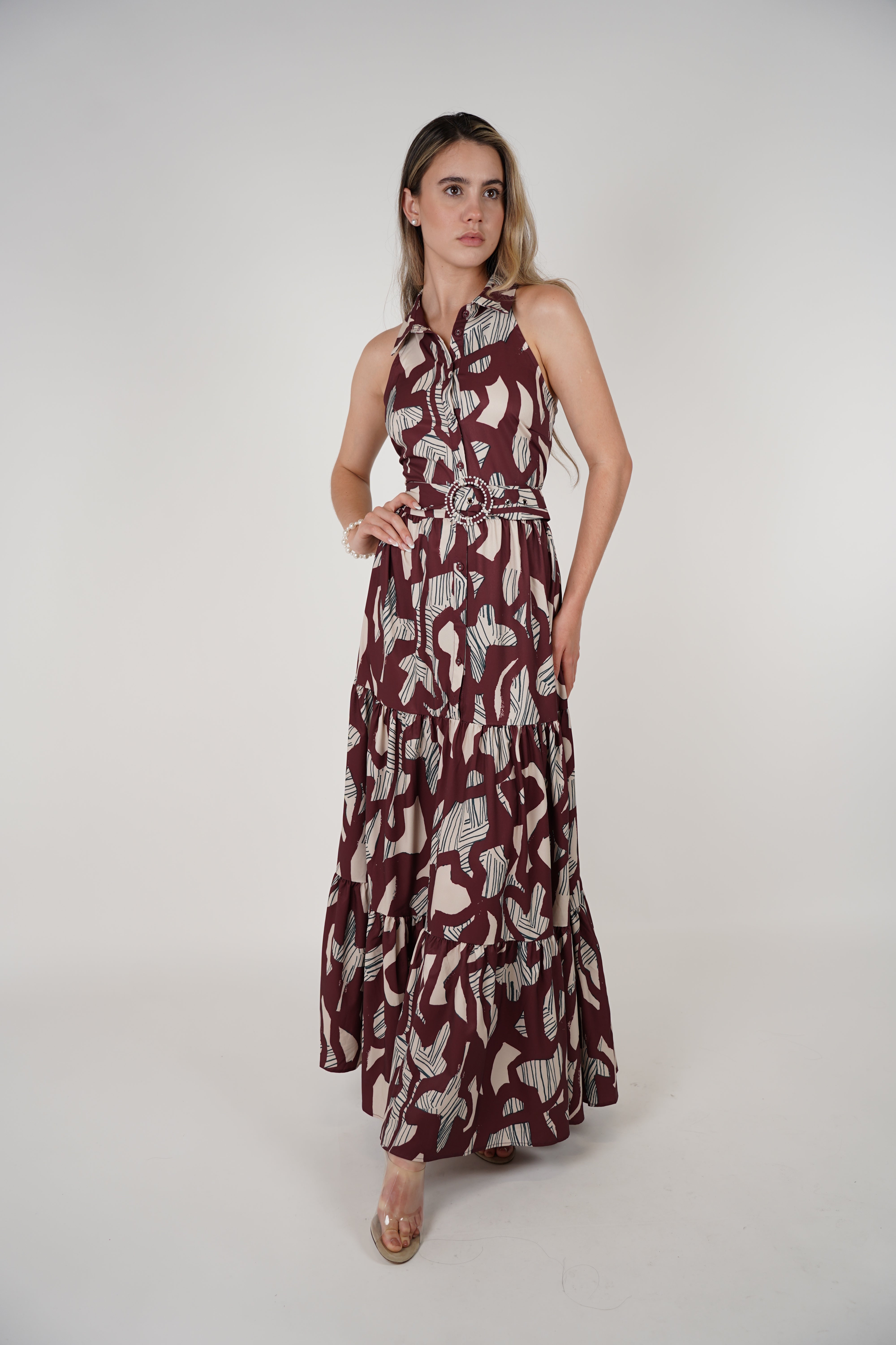 Yalen Maxi Dress – Printed Sleeveless Tiered Dress with Belt