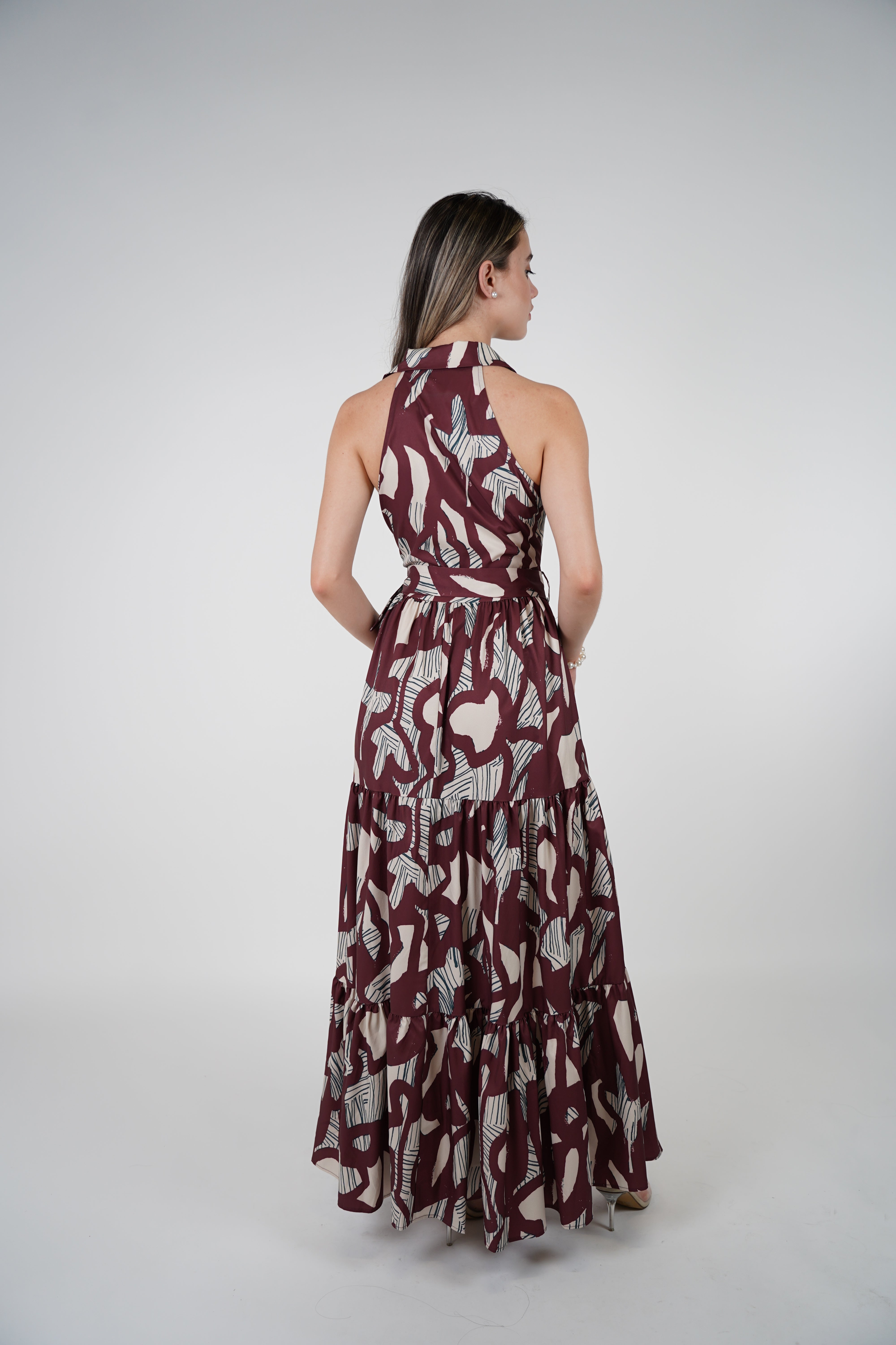 Yalen Maxi Dress – Printed Sleeveless Tiered Dress with Belt