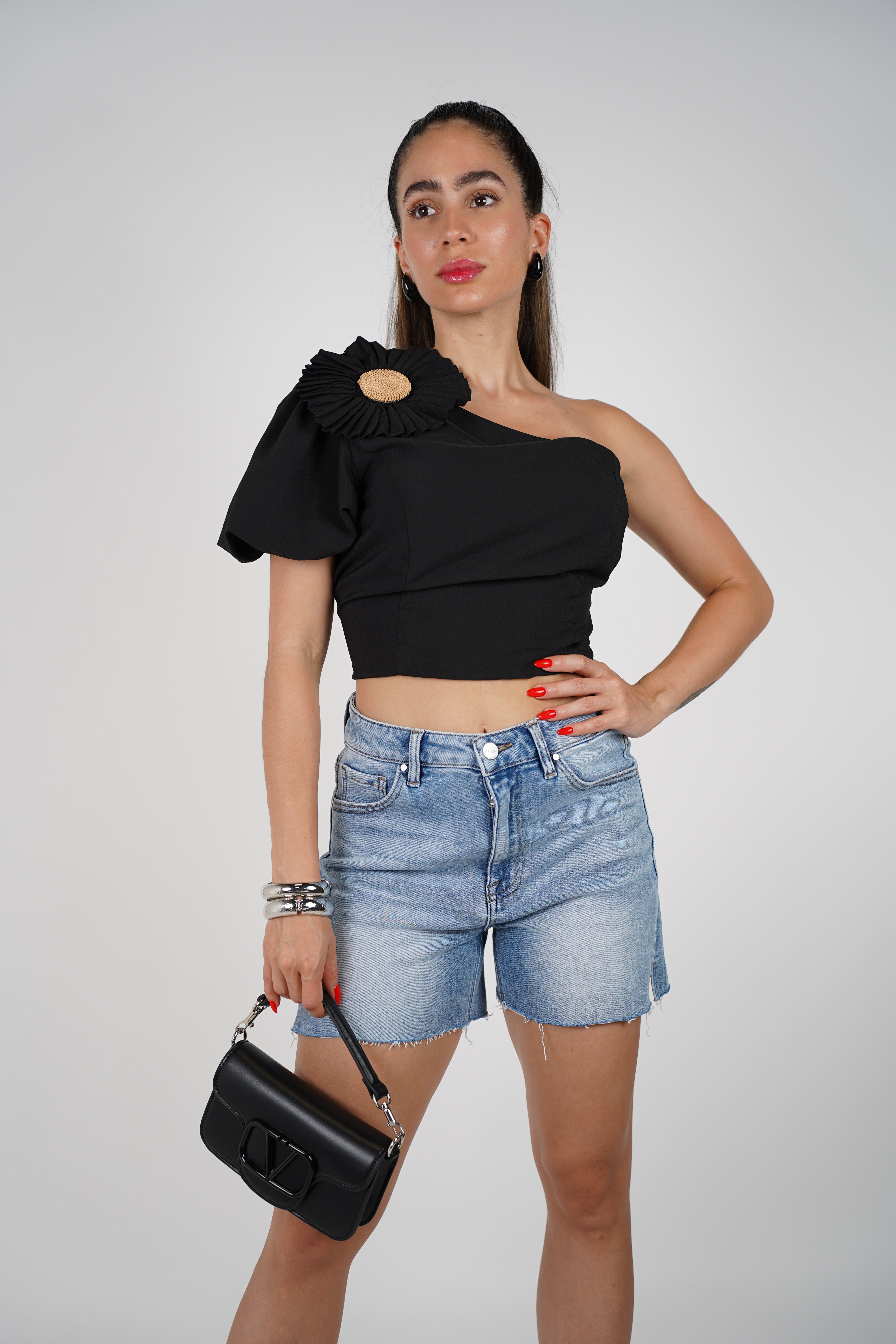 Olix One Shoulder Top – White Statement Puff Sleeve with Flower Accent