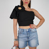 Olix One Shoulder Top – White Statement Puff Sleeve with Flower Accent