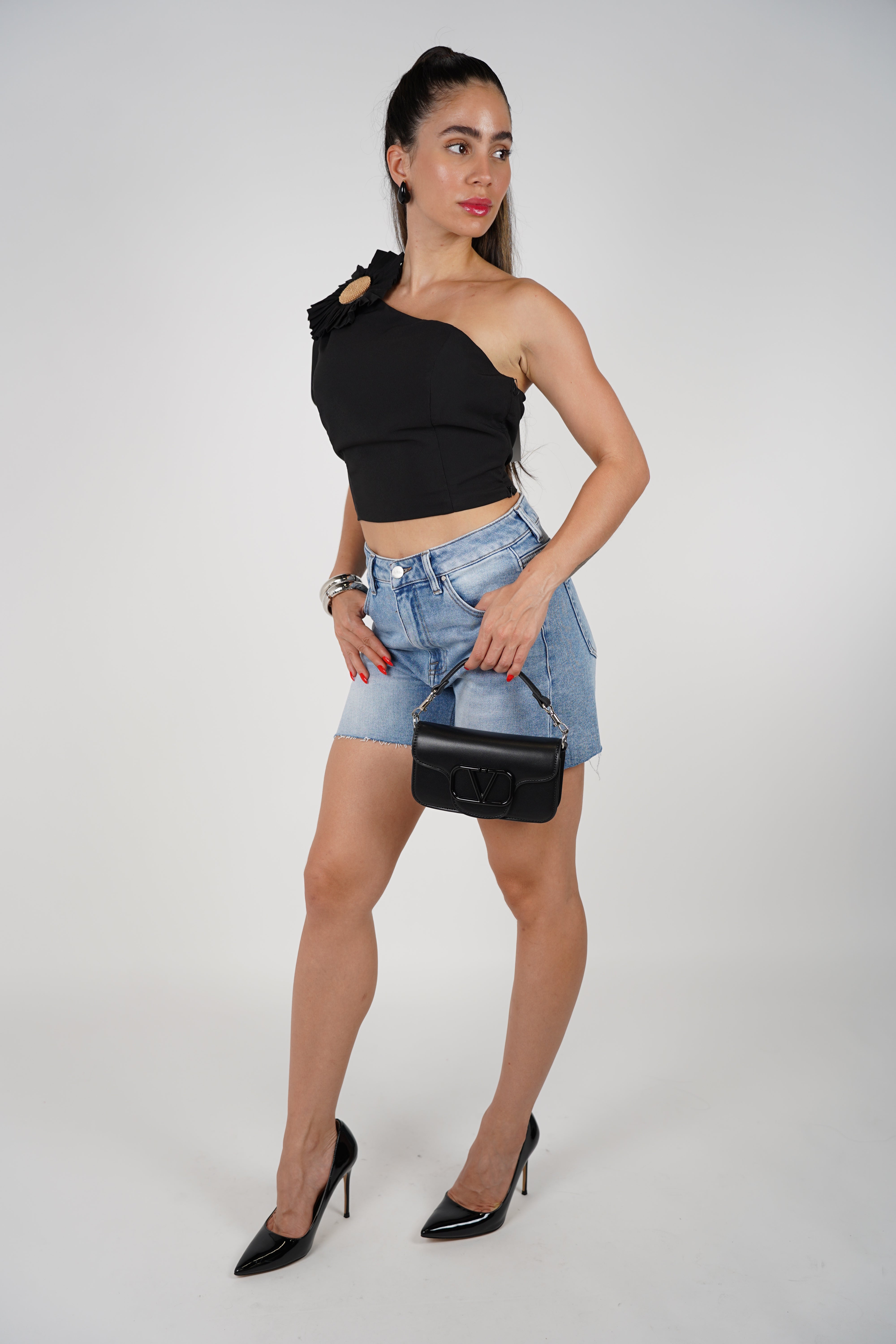 Olix One Shoulder Top – White Statement Puff Sleeve with Flower Accent