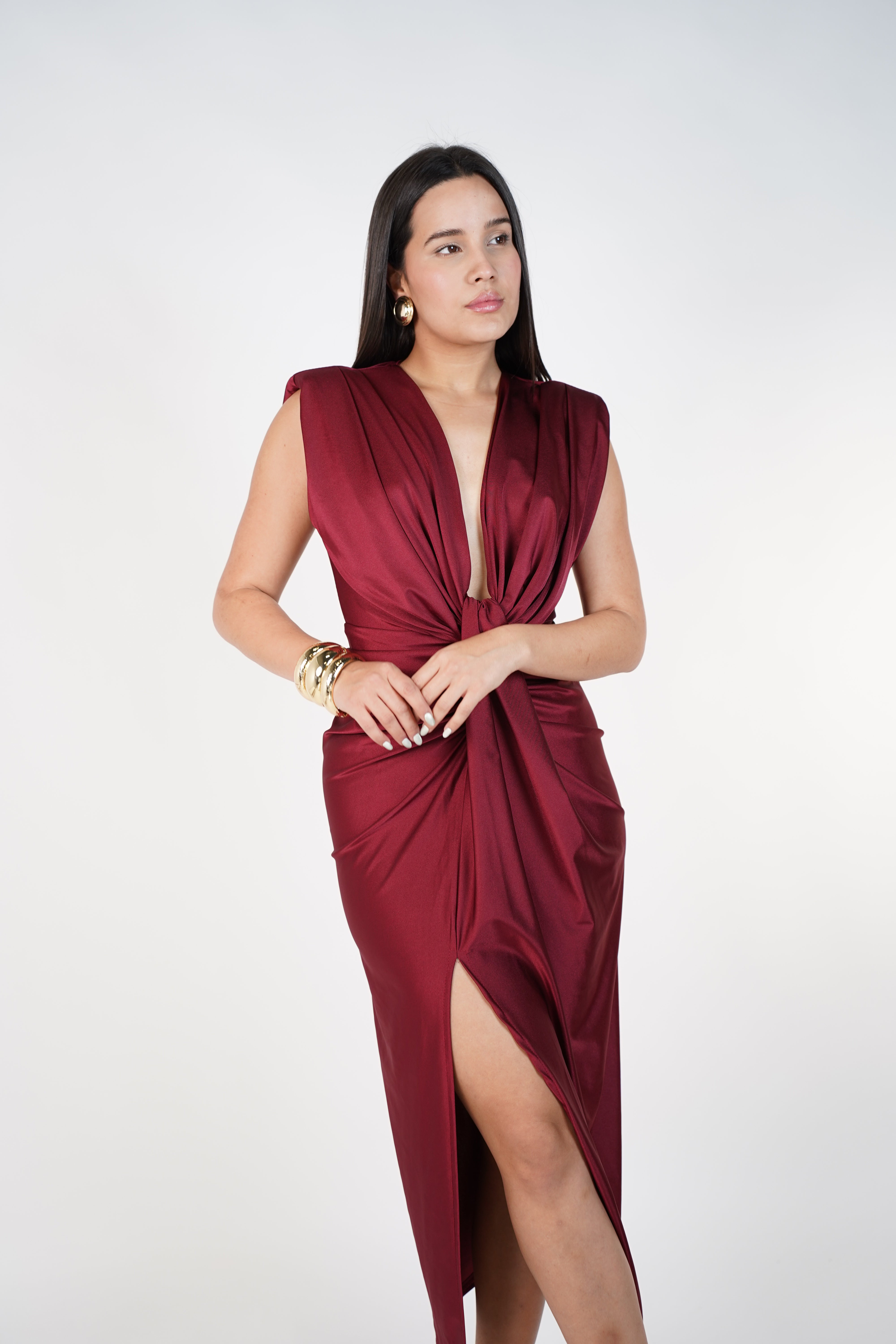 Fiora Midi Dress – Elegant Draped Black Dress
