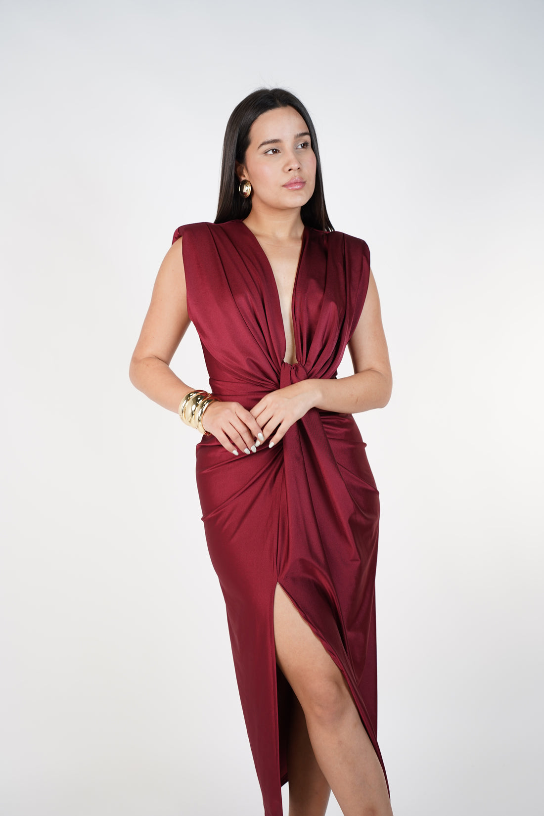 Fiora Midi Dress – Elegant Draped Black Dress