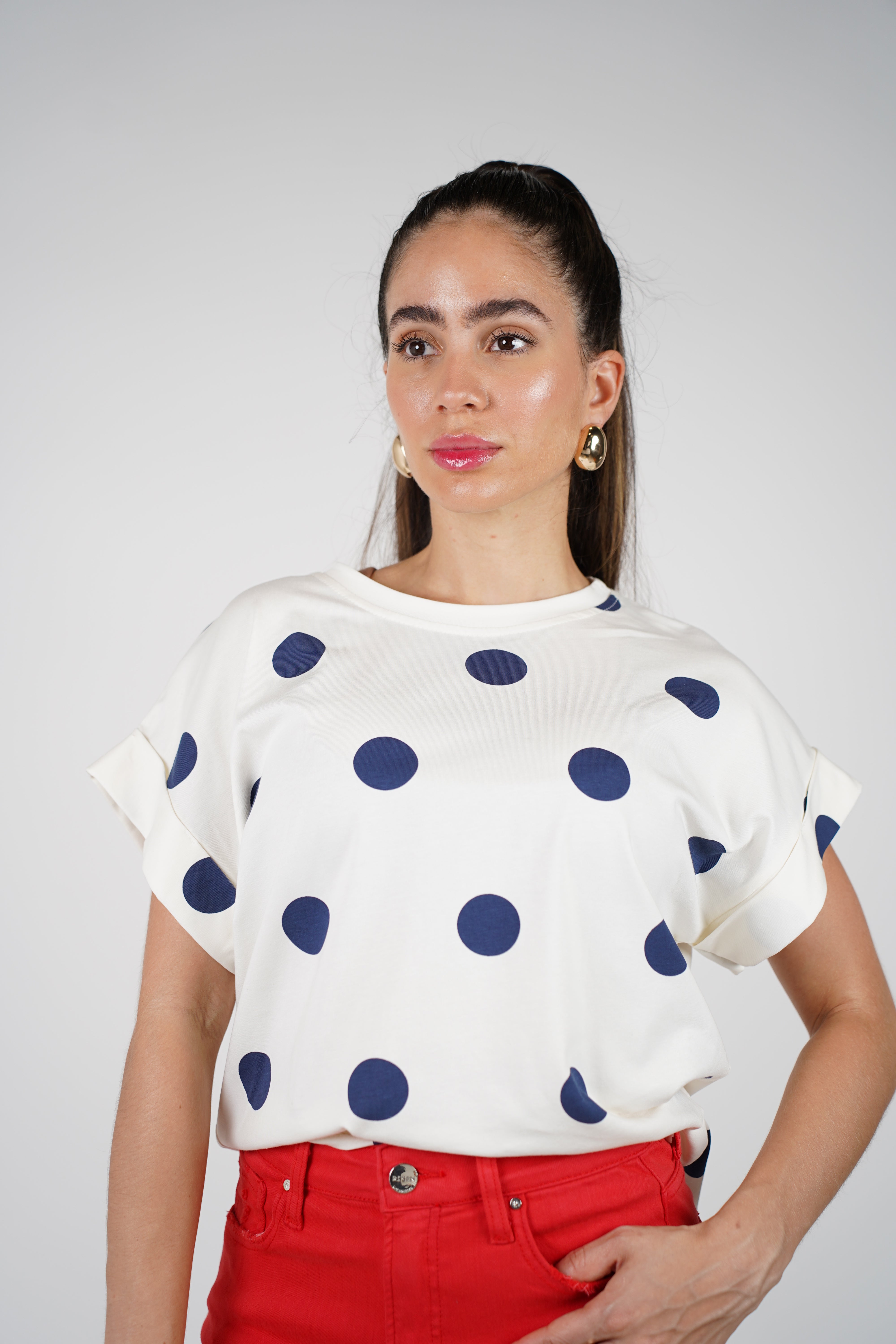Lysha Top – Polka Dot Casual Top in Cream, One Size