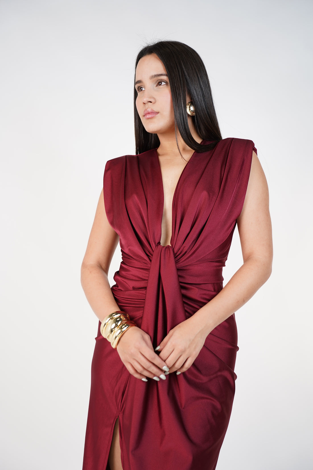 Fiora Midi Dress – Elegant Draped Black Dress