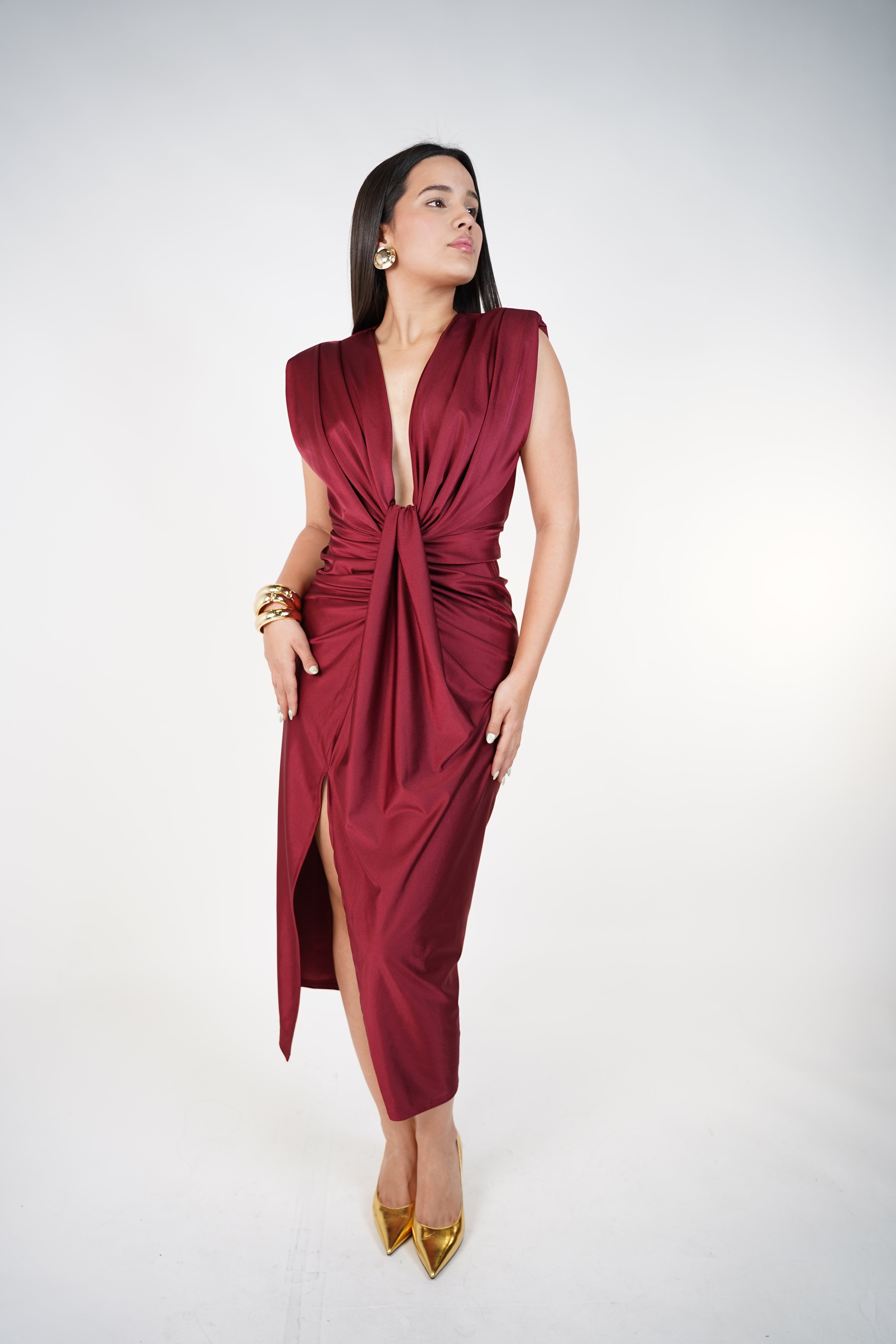 Fiora Midi Dress – Elegant Draped Black Dress