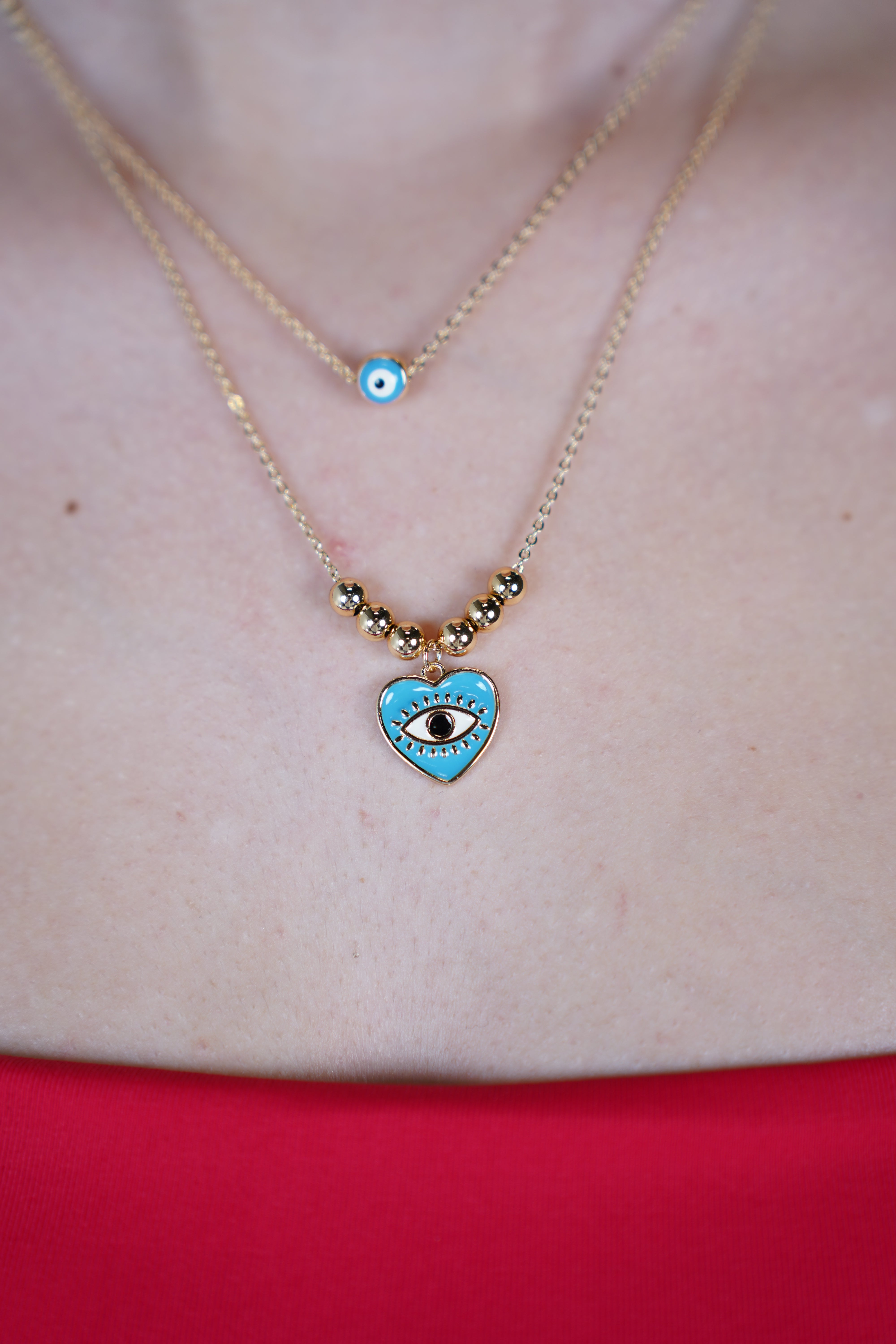 Zeni Evil Eye Necklace – Double Chain Protection with a Pop of Blue