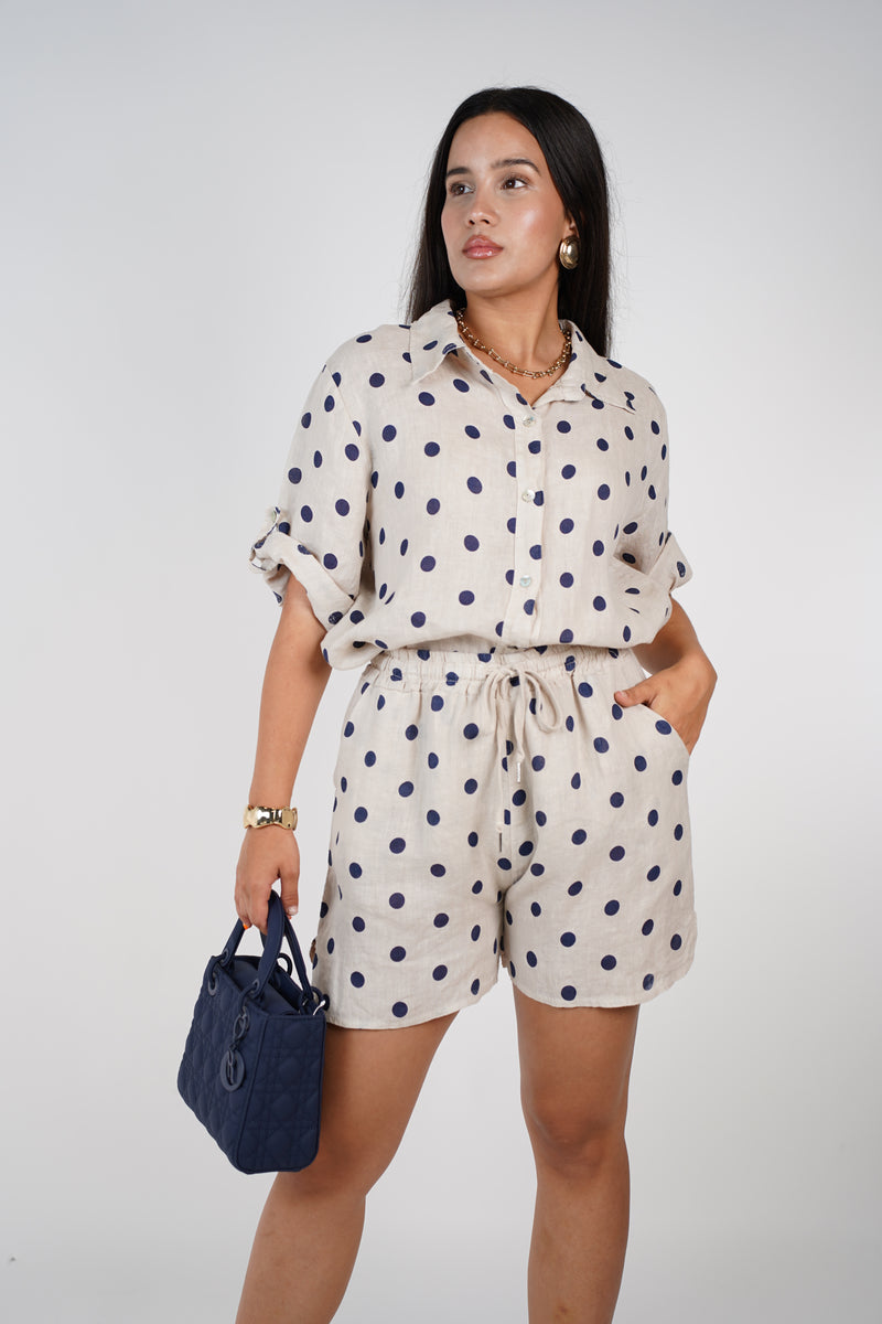 Romi Linen Shorts Set – Effortless Polka Dot Charm