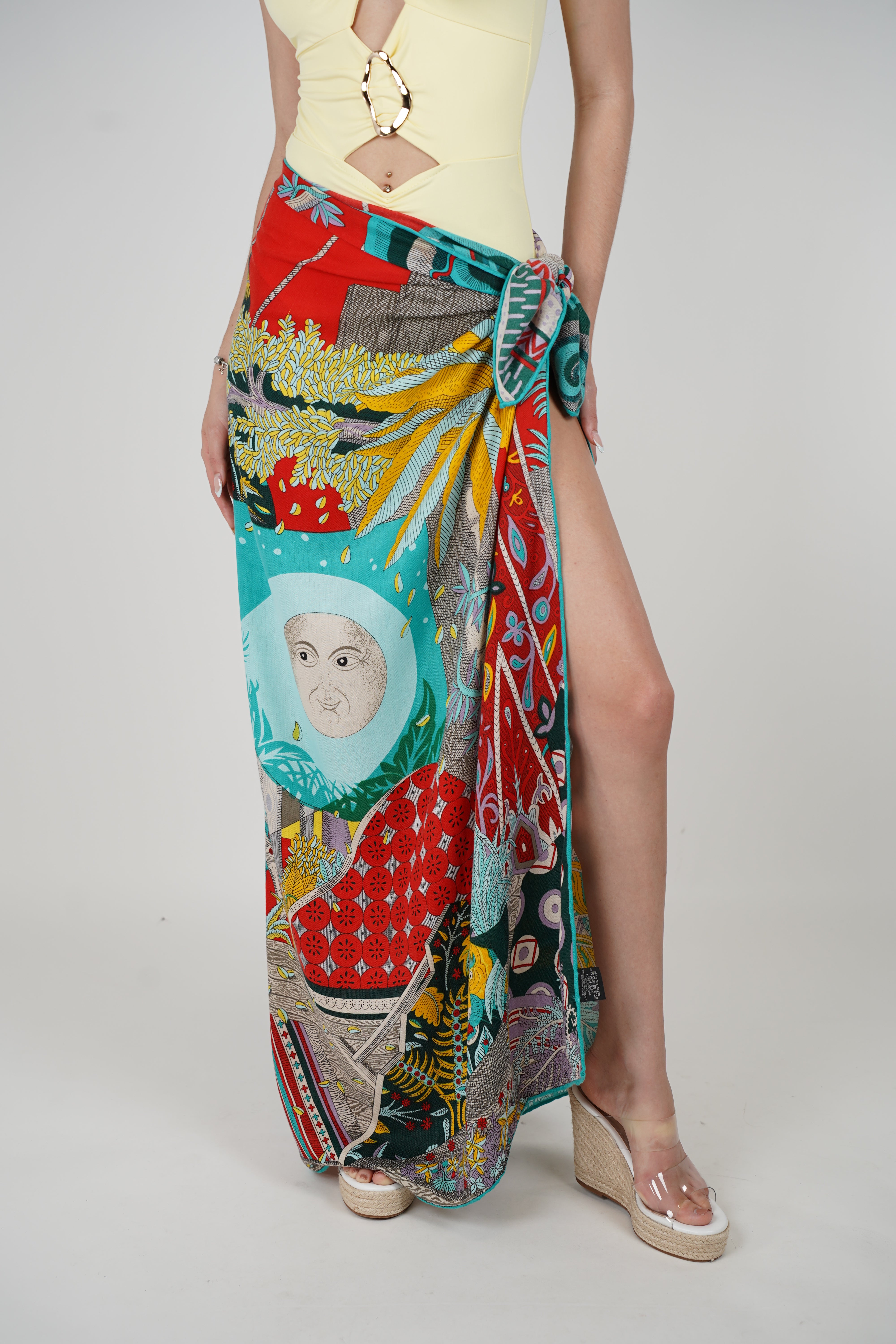 Narella Stamped Sarong – Multicolor Tie-Waist Cover-Up