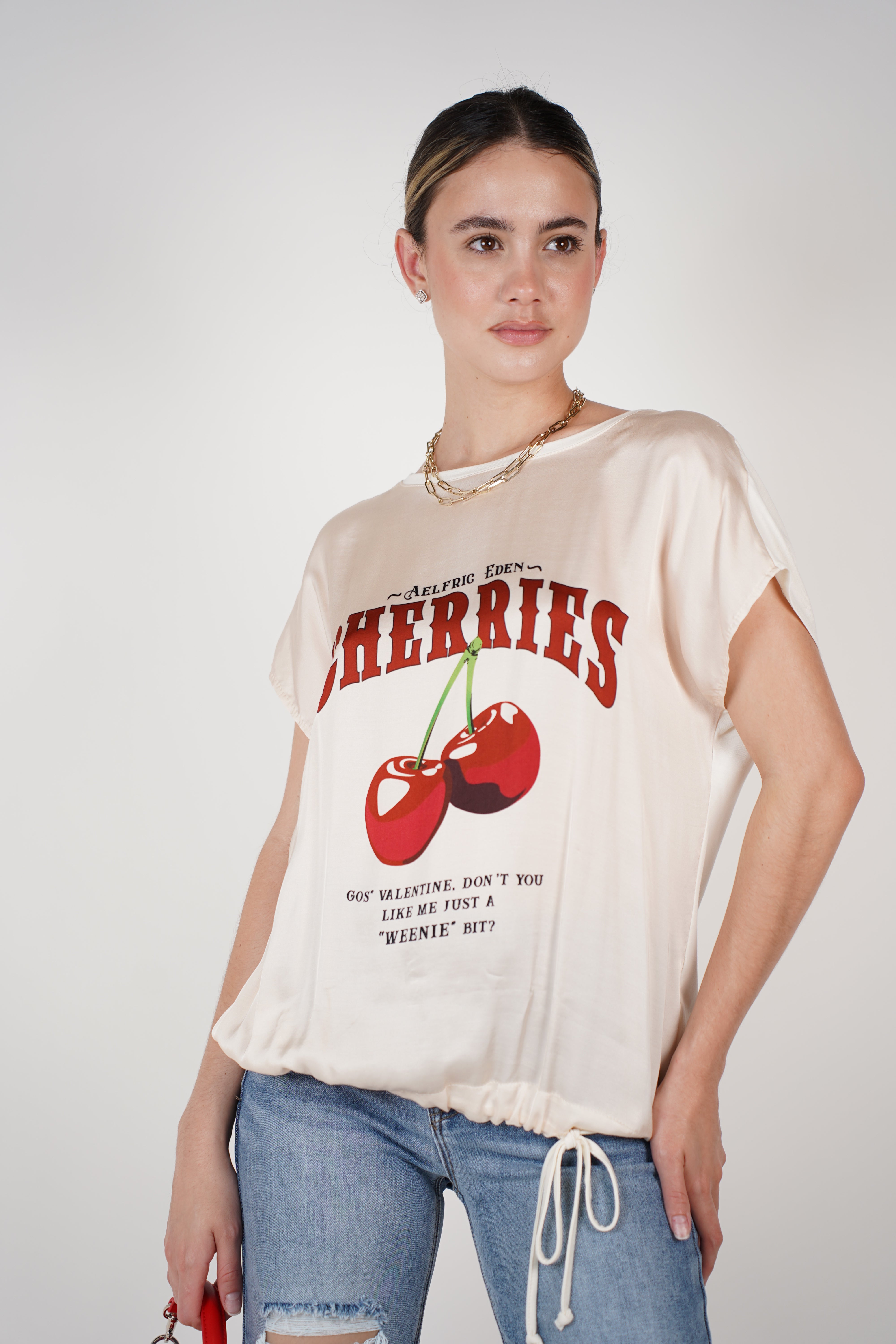 Italy Cherry Top – Satin Graphic Blouse with Drawstring Hem