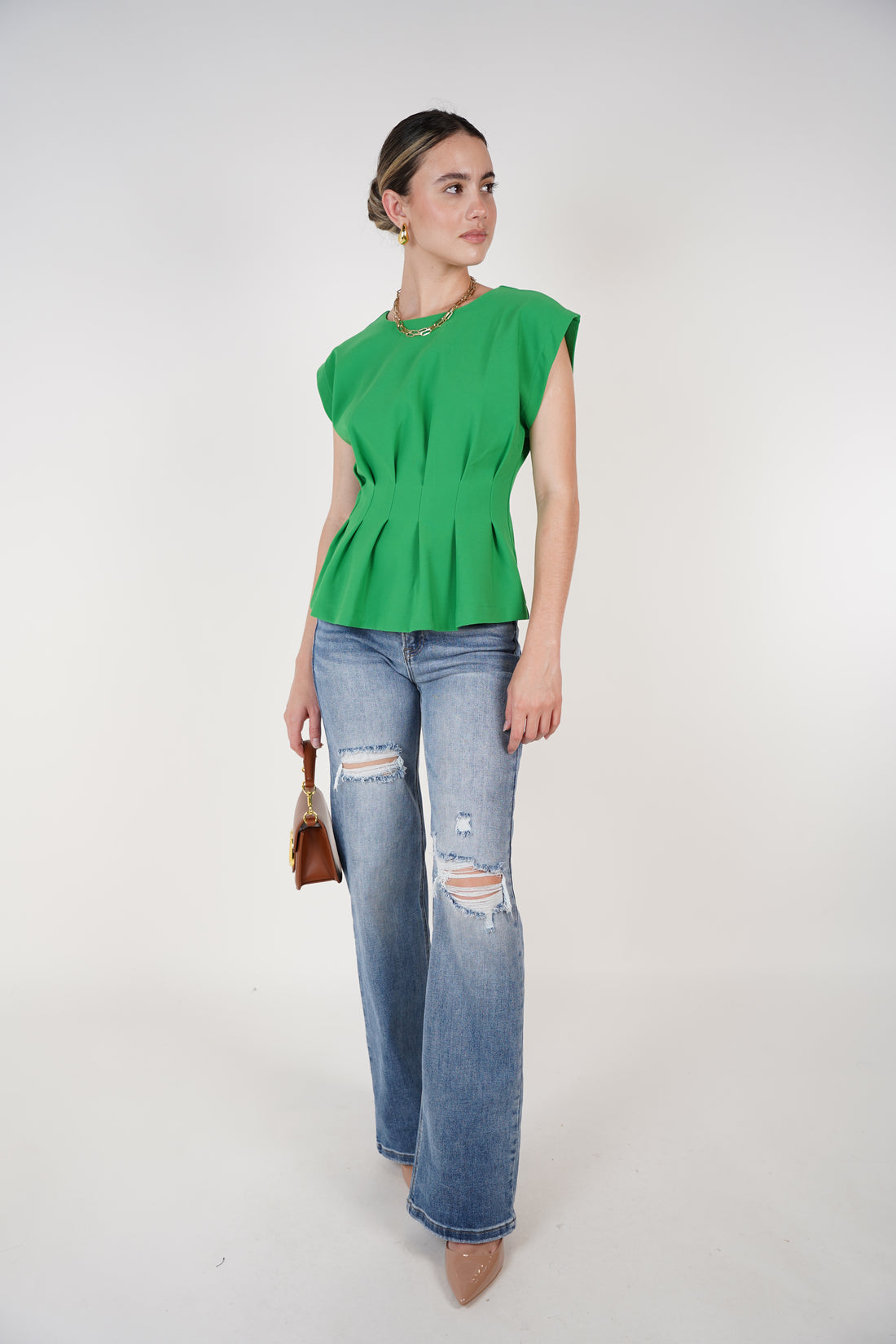 Carlota Top – Pleated Waist Green Blouse