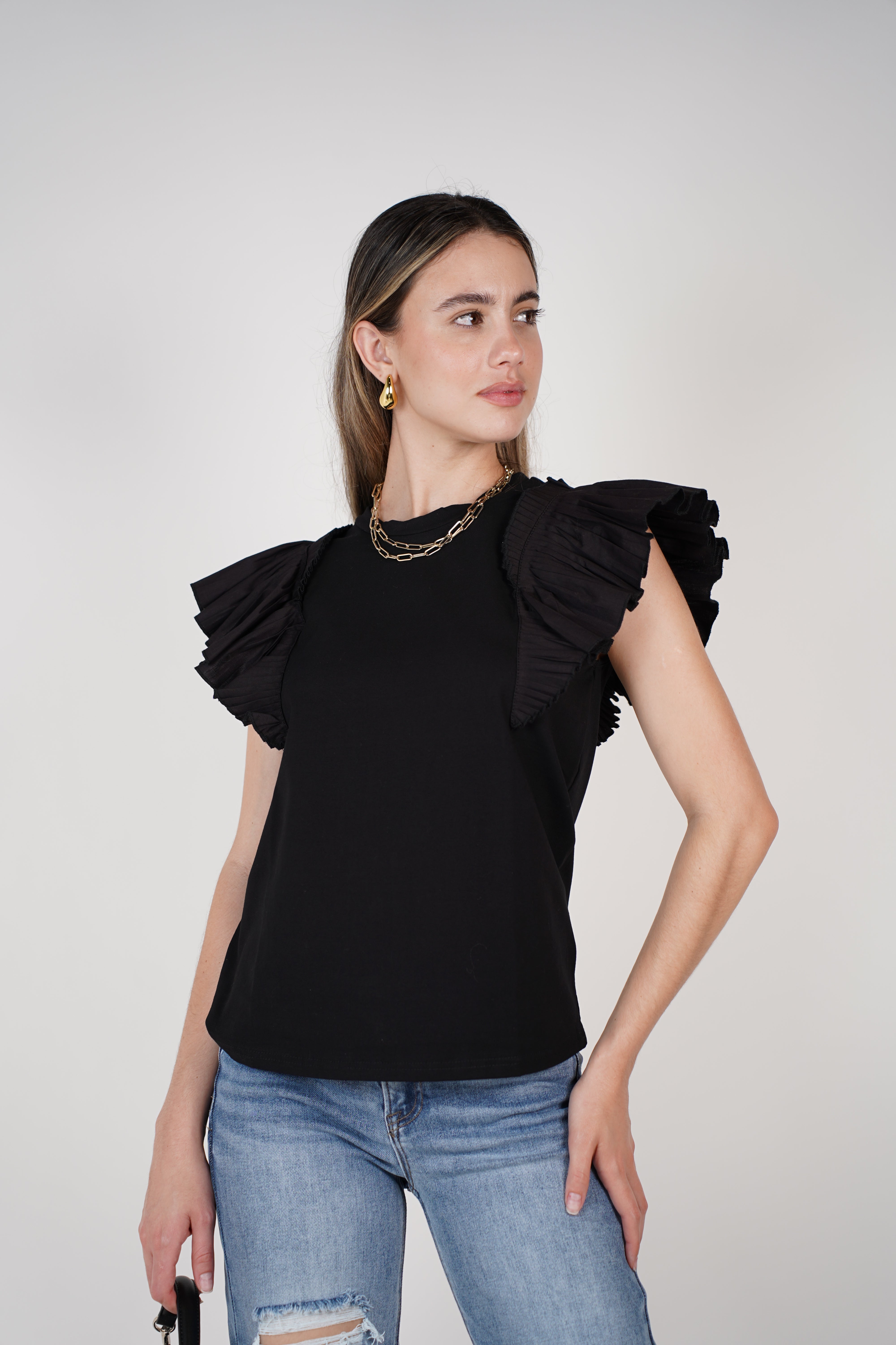 TCEC T-Shirt – Black Ruffle Shoulder Tee