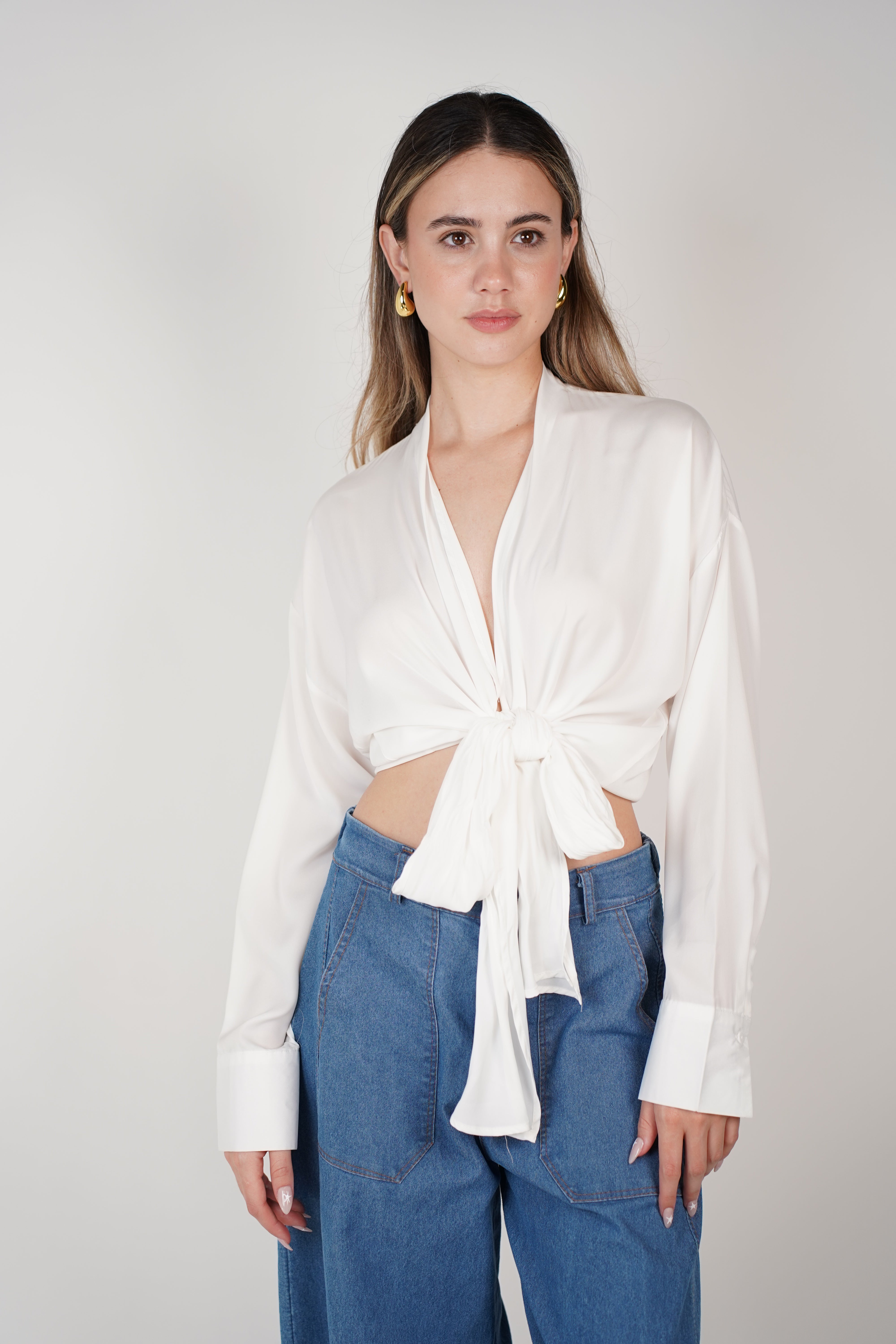 Glam Vneck Blouse – Sultry Satin Tie Top in Fuchsia or White