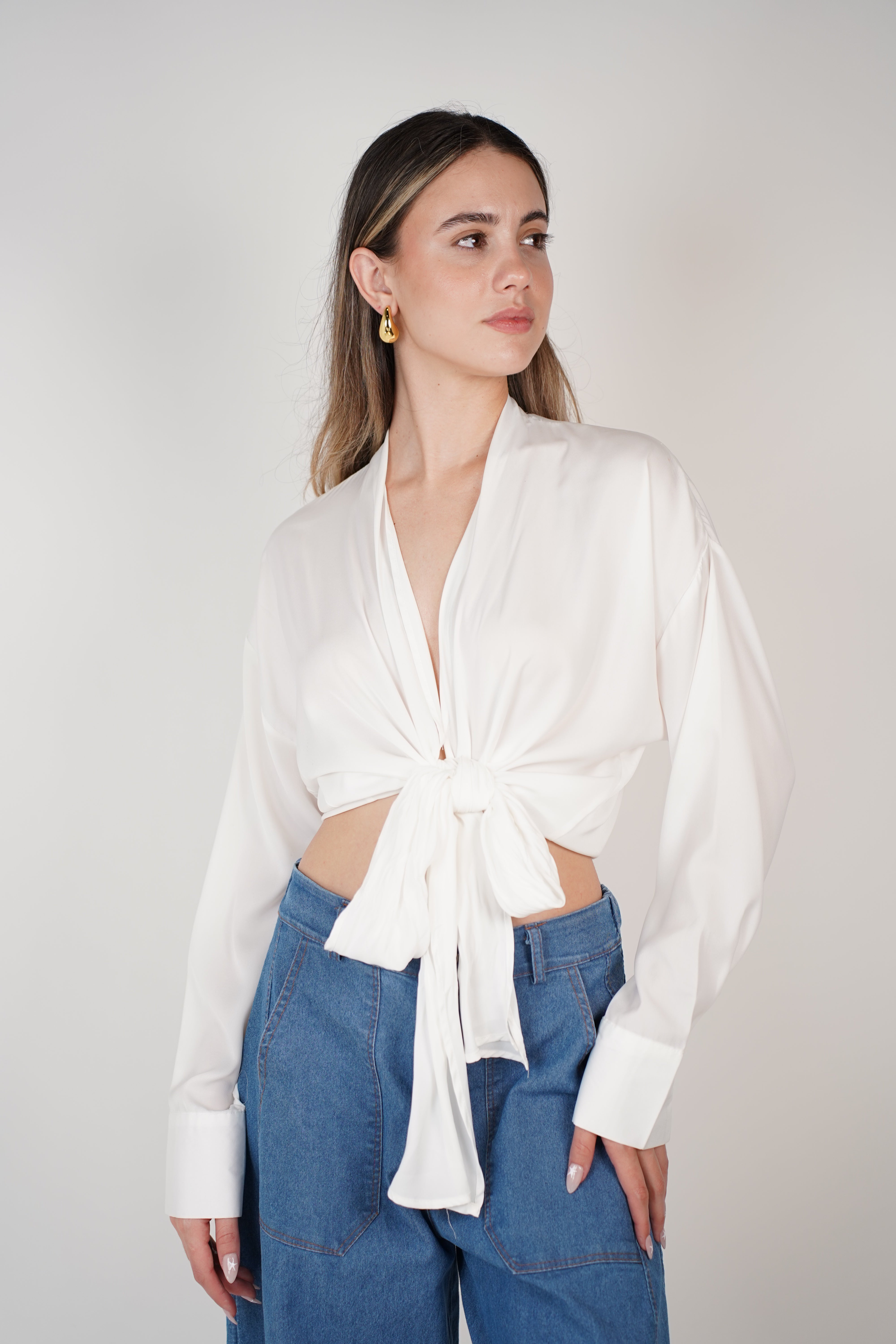 Glam Vneck Blouse – Sultry Satin Tie Top in Fuchsia or White