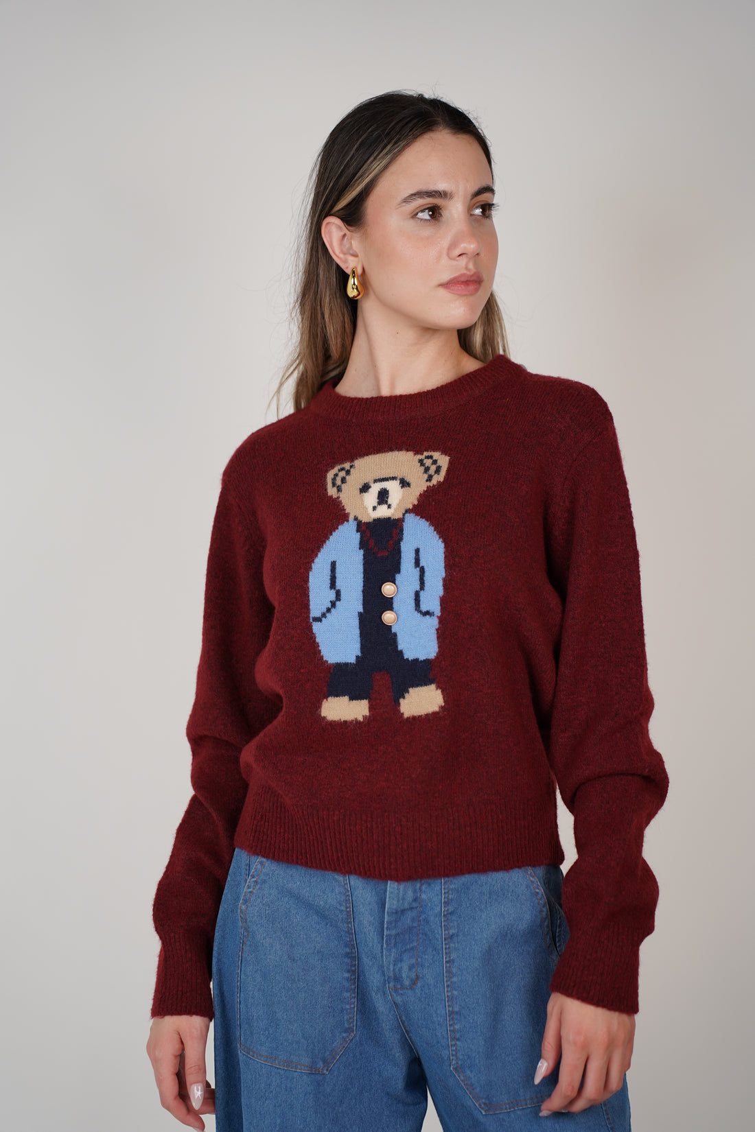 Alexia Sweater – Burgundy Bear Knit with Whimsy