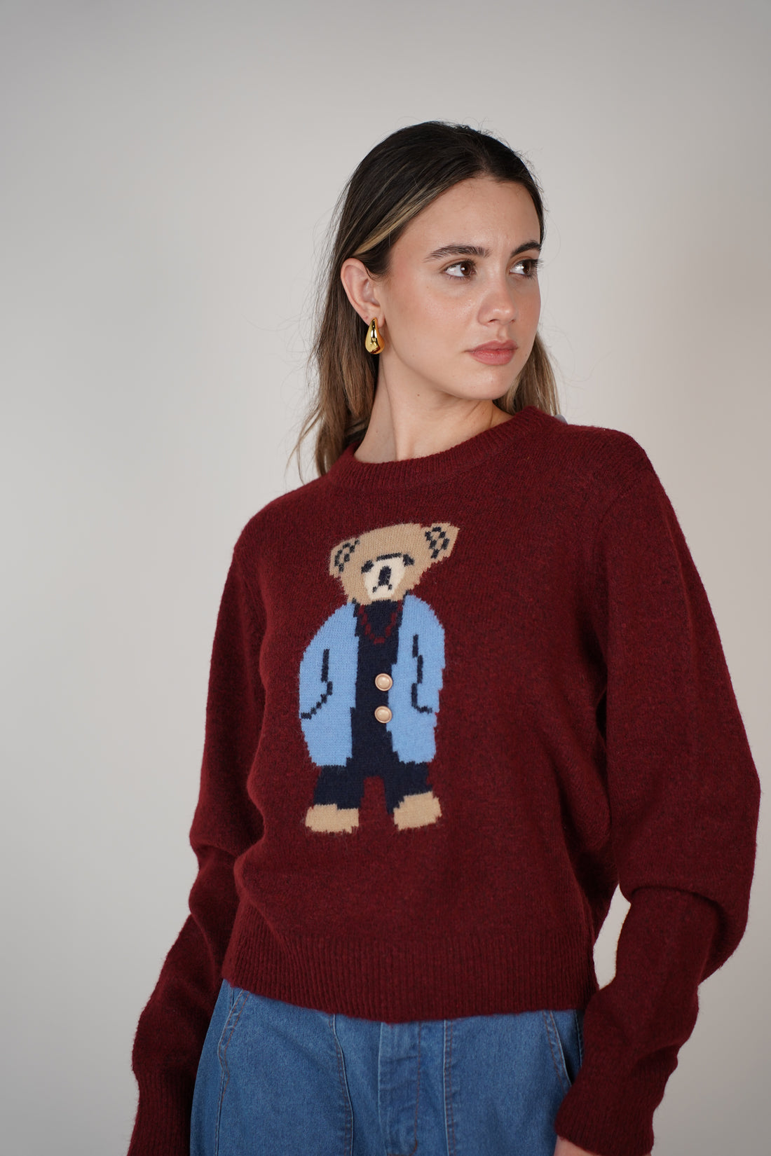 Alexia Sweater – Burgundy Bear Knit with Whimsy