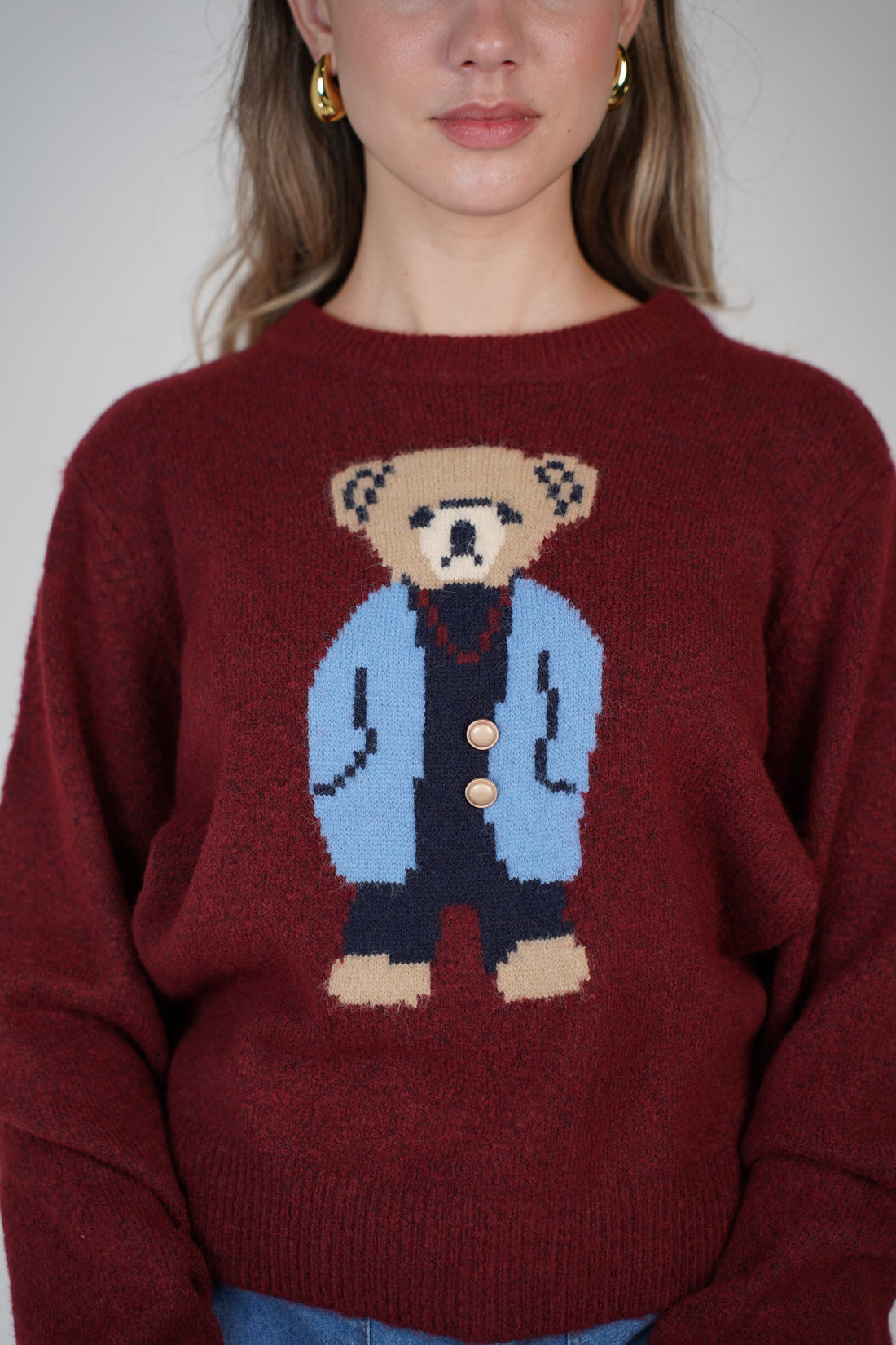 Alexia Sweater – Burgundy Bear Knit with Whimsy