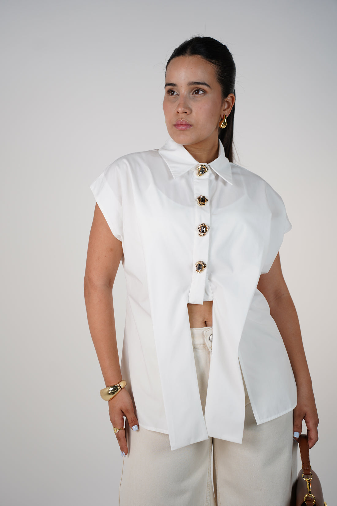 Risa Button Down – Modern Cut with Statement Gem Buttons