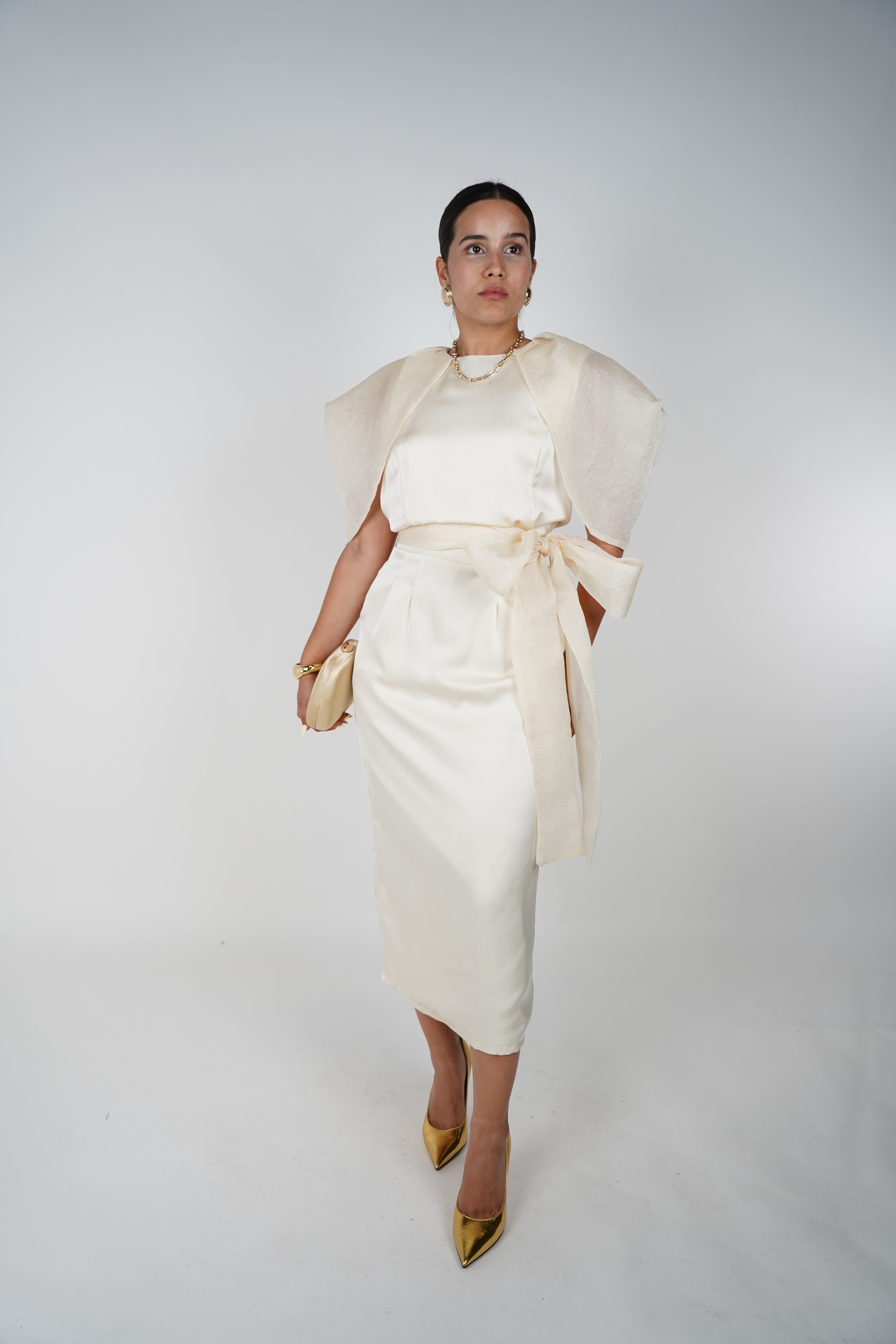 Iconic Cream Satin Midi Dress – Statement Shoulder Detail with Waist Tie