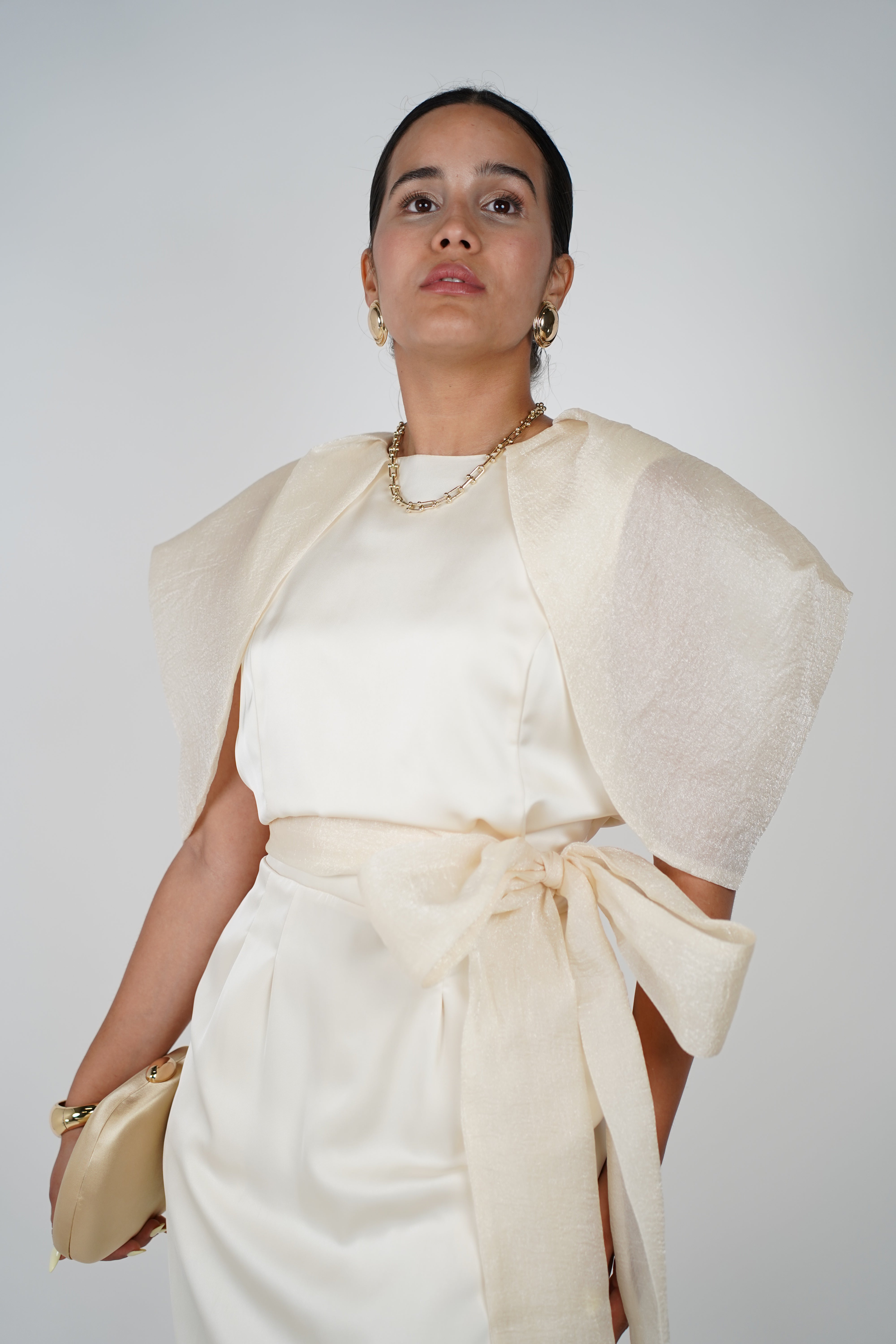 Iconic Cream Satin Midi Dress – Statement Shoulder Detail with Waist Tie