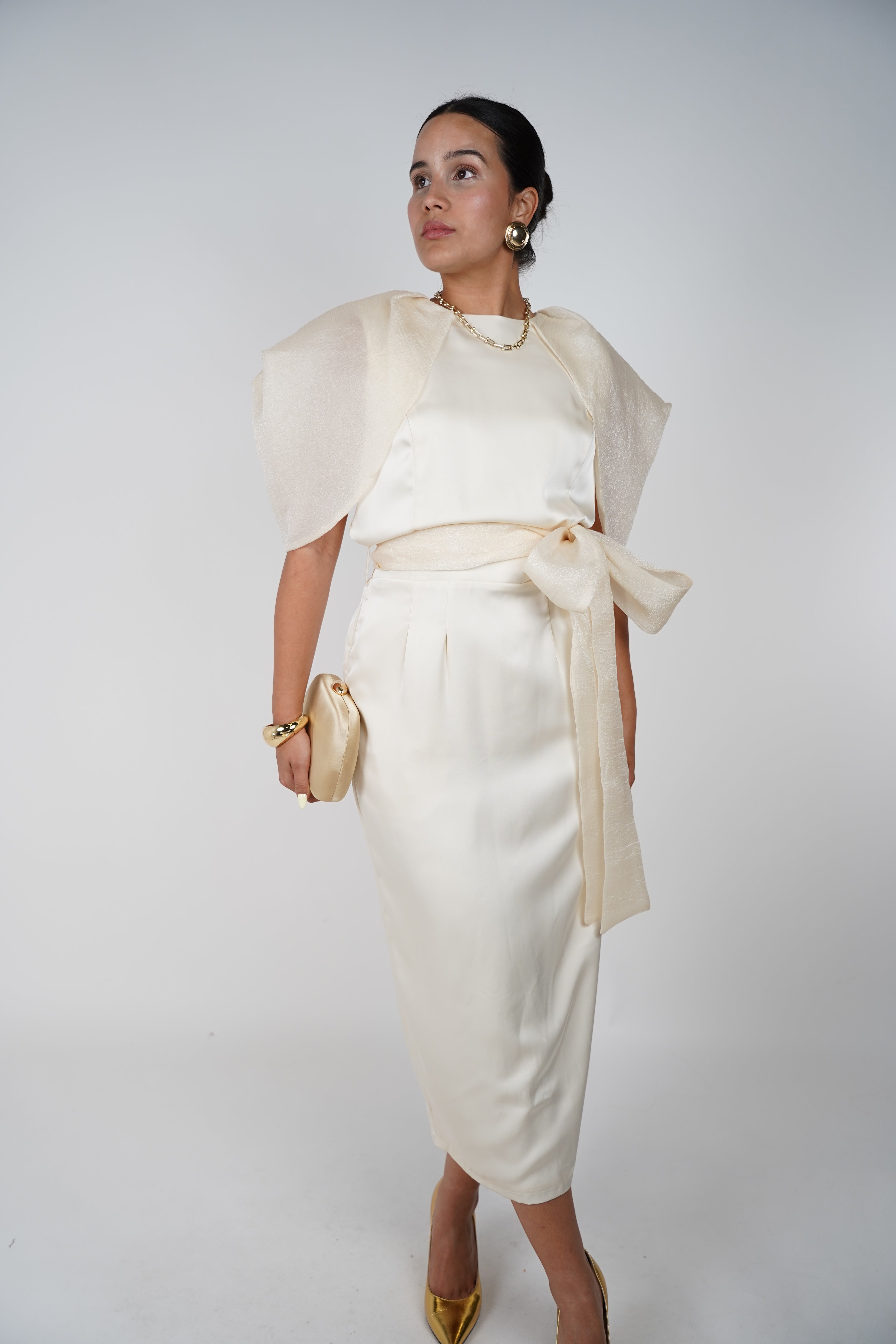 Iconic Cream Satin Midi Dress – Statement Shoulder Detail with Waist Tie