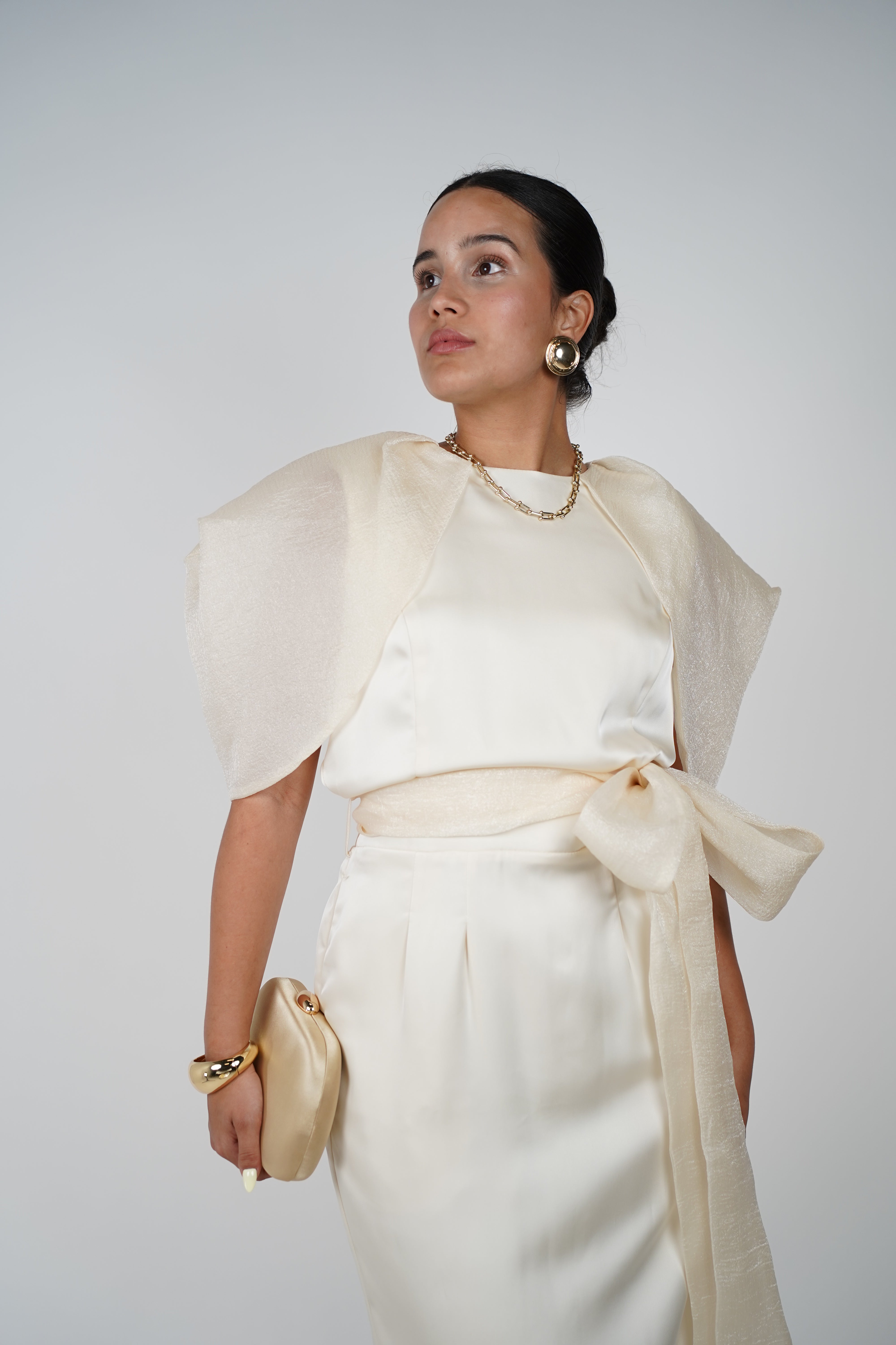 Iconic Cream Satin Midi Dress – Statement Shoulder Detail with Waist Tie