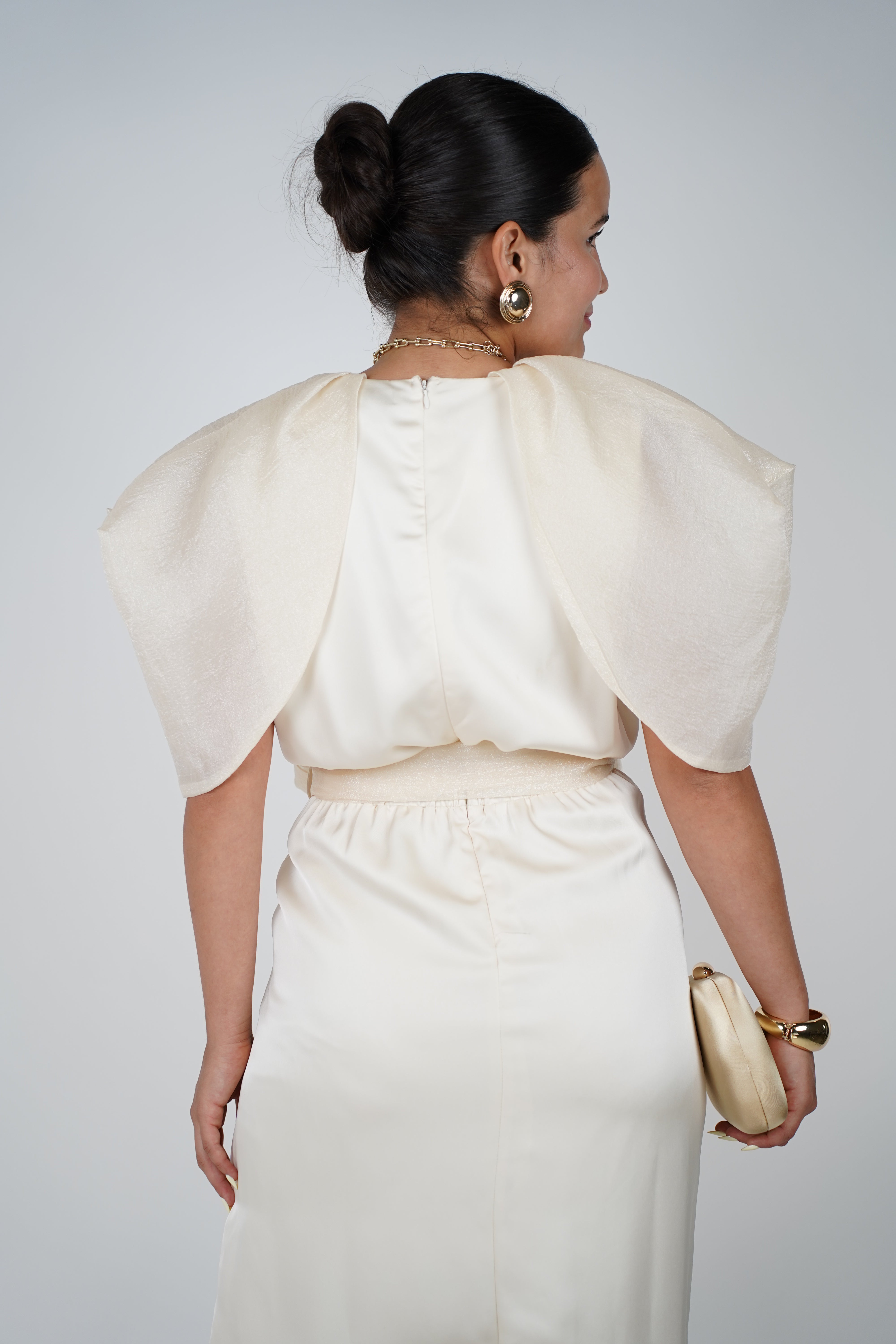 Iconic Cream Satin Midi Dress – Statement Shoulder Detail with Waist Tie