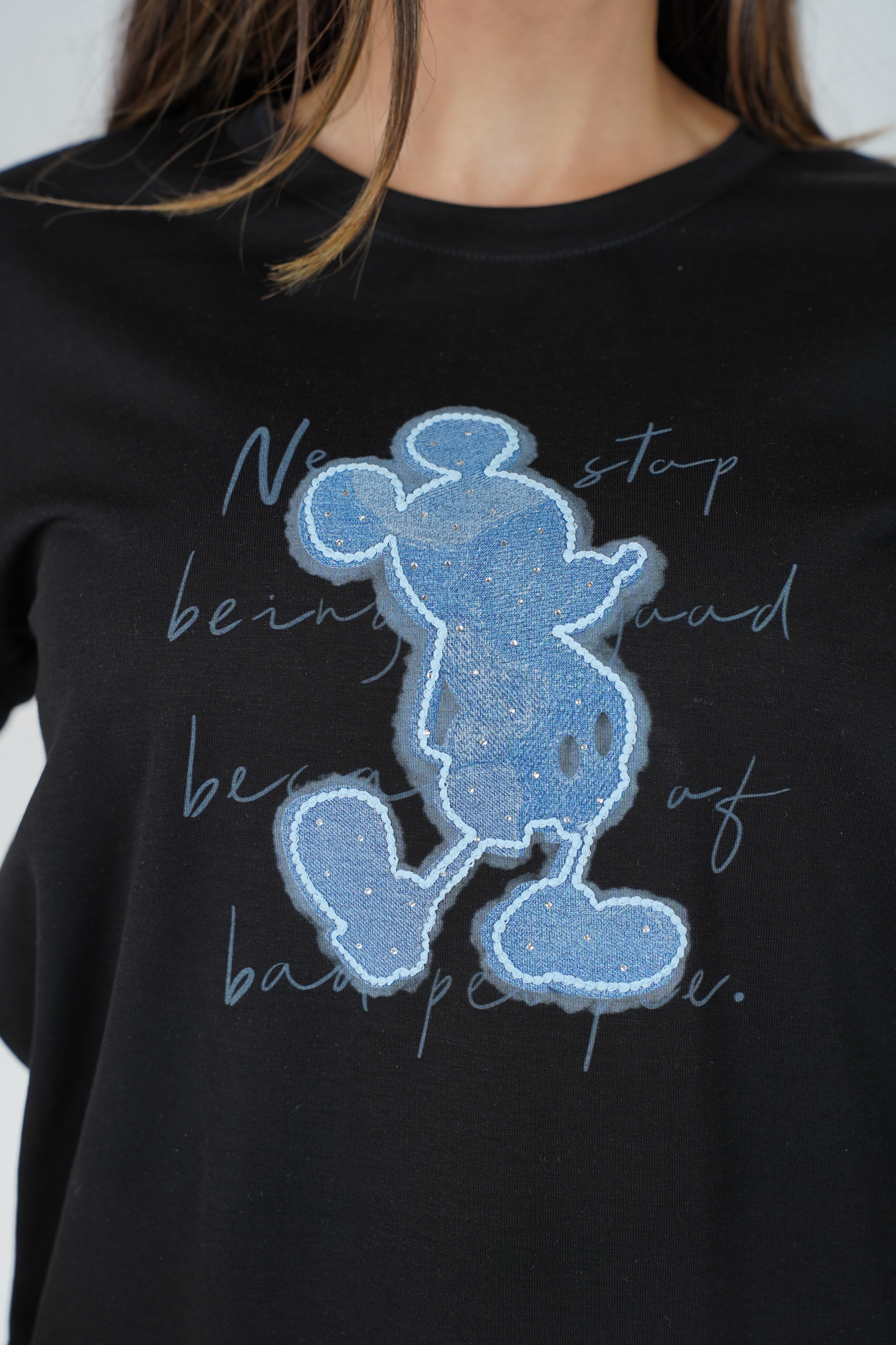 Avinel Mickey Top – Casual Black Tee with Sparkly Blue Mickey Detail